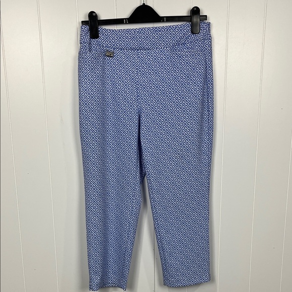 LuLuB Womens Pants 10 Blue White Stretch Waist Geo Pattern Pockets 96% Nylon EUC - Picture 1 of 9